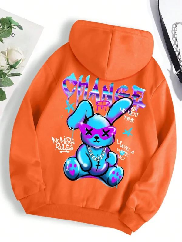 Women's oversized kawaii streetwear sweatshirt with rabbit cartoon print and cozy artificial fur lining.