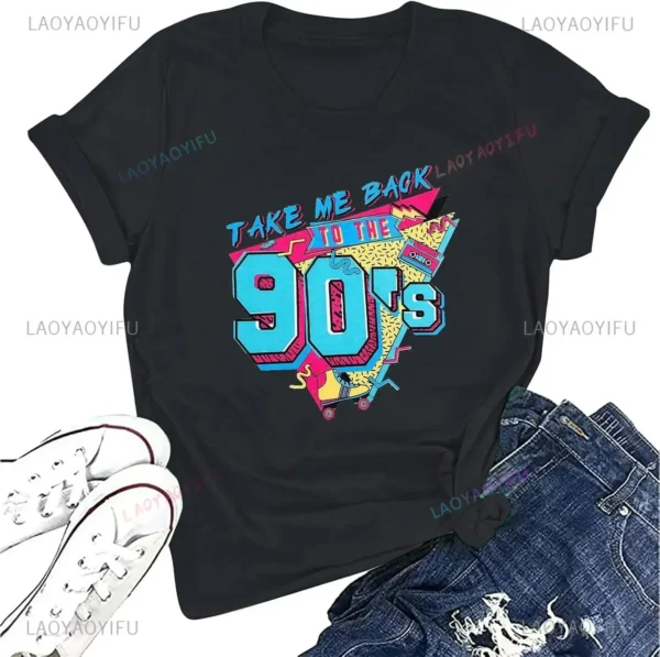 Woman wearing a white 'I Love The 90s / Take Me Back To The 90s' retro graphic tee against a plain background.