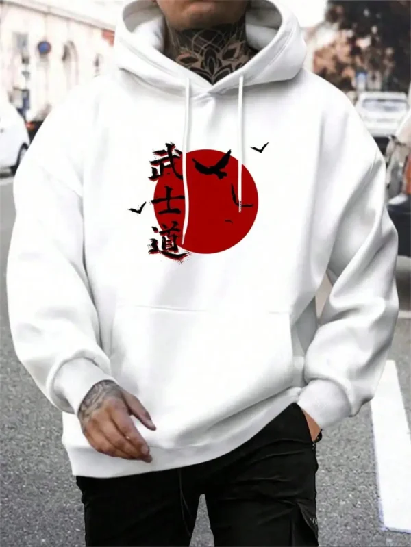 Men's casual loose fit fleece hoodie sweatshirt with a Japanese cartoon graphic print on the front.