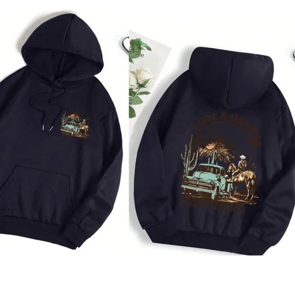 Women's casual streetwear hoodie with graphic print and warm faux fur lining - Autumn/Winter style. ```