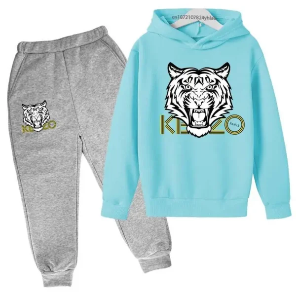 Unisex kids hoodie and pants set with bold tiger head print on the hooded sweatshirt - front view.