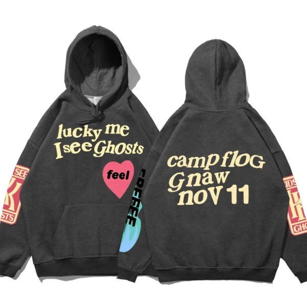 Oversized black fleece hoodie with white 'Luck Me I See Ghosts' graffiti text print on the chest - unisex streetwear style.