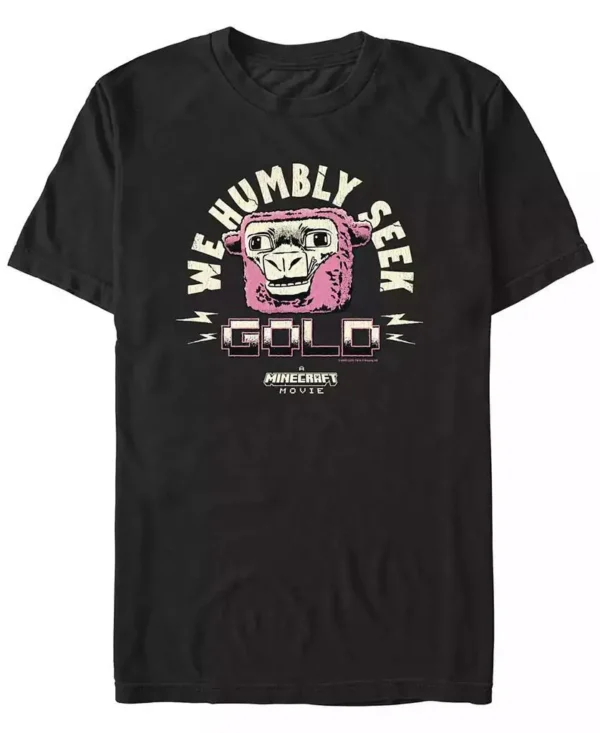 Official Fifth Sun Men's Minecraft T-Shirt with "We Humbly Seek Gold" graphic print. Short sleeve cotton tee for gamers.