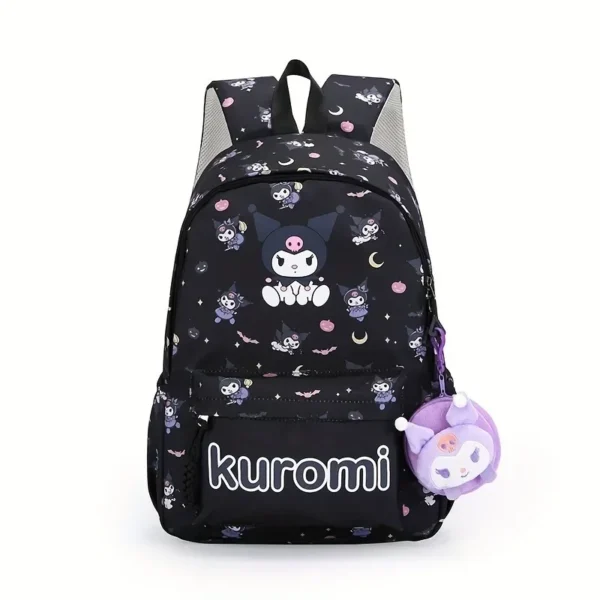 MINISO Kuromi backpack in black nylon with cute anime character design - durable school bag and travel daypack for girls.