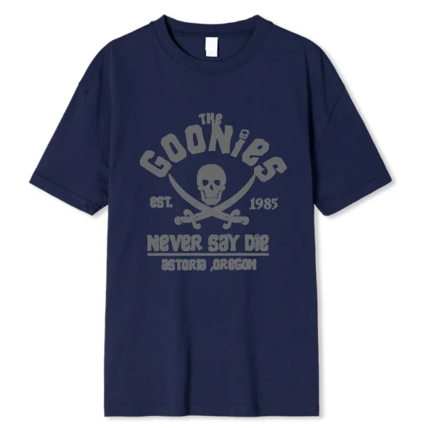 Men's black cotton Goonies t-shirt with white 'Never Say Die' text graphic. Retro 80s movie fan apparel.