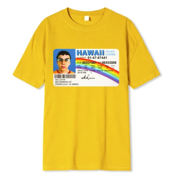 Black cotton t-shirt displaying the funny McLovin Hawaii ID card graphic from the Superbad movie.
