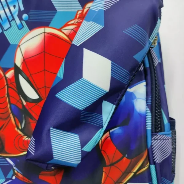 MINISO Spider-Man kids school backpack in blue and red with matching character pencil case attached.