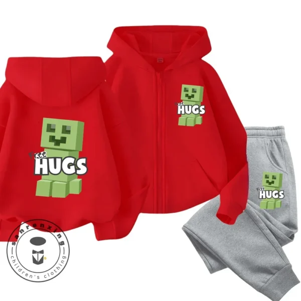 Child wearing Minecraft themed zipper hoodie and matching pants set with hood up.