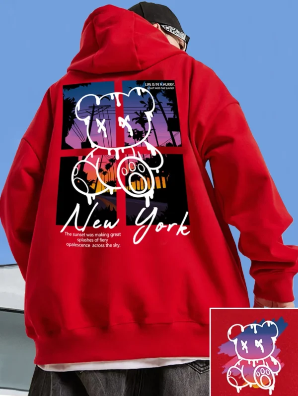 Men's black streetwear hoodie featuring a graphic print of a cool cartoon bear on the front. Pullover style with kangaroo pocket.