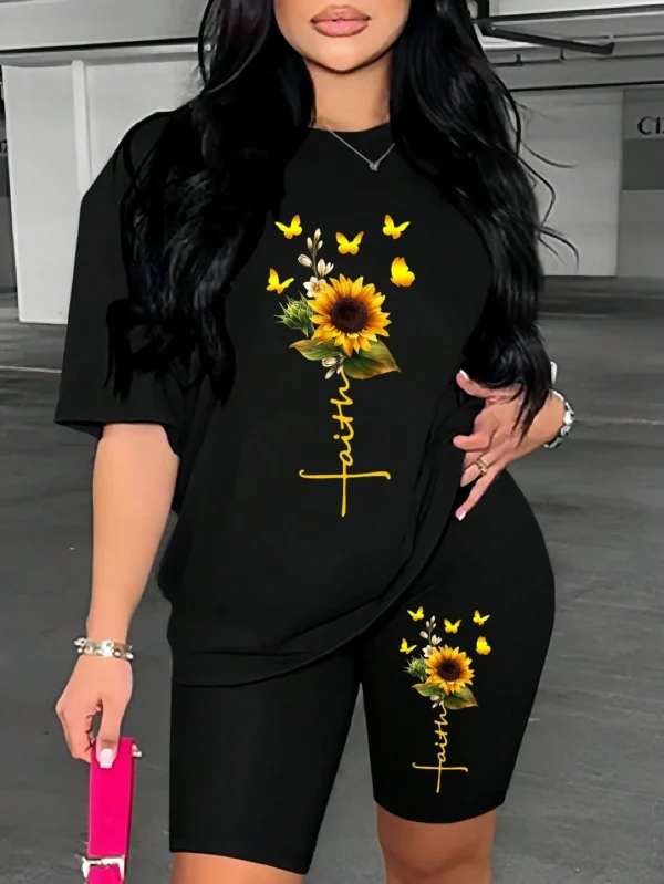 Woman modeling sunflower butterfly print two piece set with short sleeve knit t-shirt and regular fit shorts.