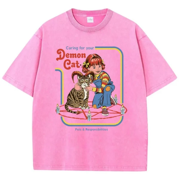 Women's black cotton t-shirt featuring a unique 'Caring For Your Demon Cat' graphic print - streetwear style.