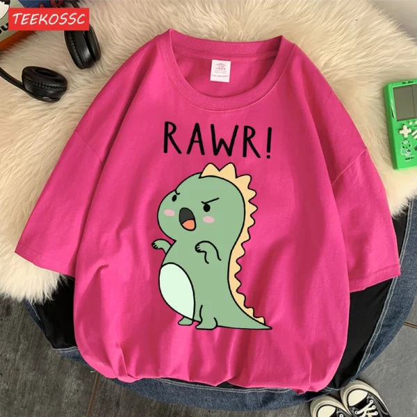 Women's regular fit short sleeve t-shirt with a fierce cartoon dinosaur print on the front.