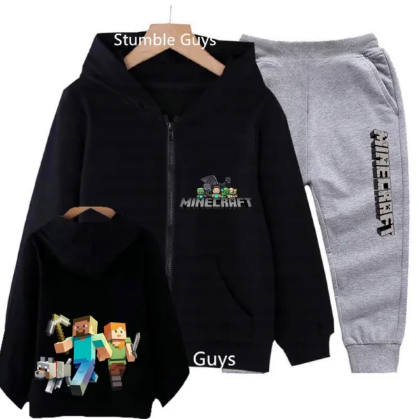 Kids cotton Minecraft pixel print zipper hoodie and matching pants set in [mention primary color if visible
