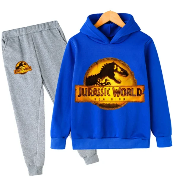Child wearing fun dinosaur print hoodie and matching pants set - outfit for boys and girls.