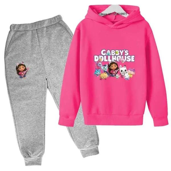 Gabby's Dollhouse kids tracksuit with colourful cartoon print hoodie and matching jogger pants for boys and girls ages 3-13.