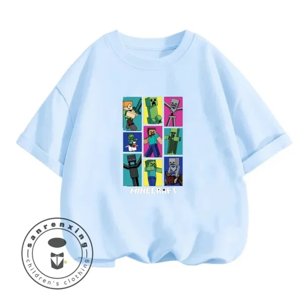 Kids' long sleeve O-neck T-shirt with Minecraft character graphic print. Unisex children's gaming top.