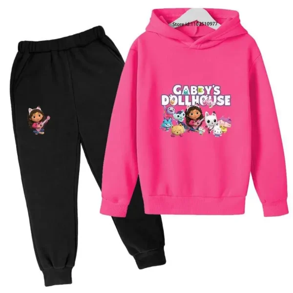Gabby's Dollhouse kids tracksuit with colourful cartoon print hoodie and matching jogger pants for boys and girls ages 3-13.