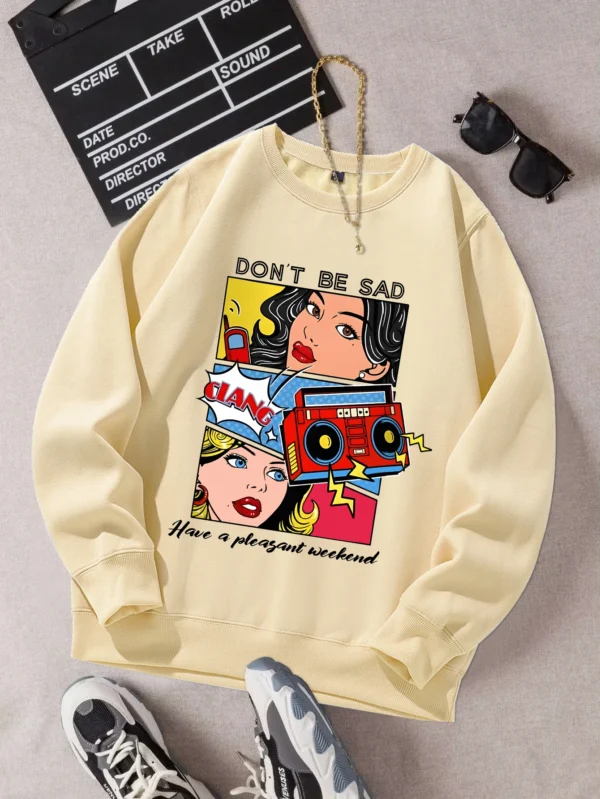 Women's casual warm fleece sweatshirt with a cartoon graphic print.