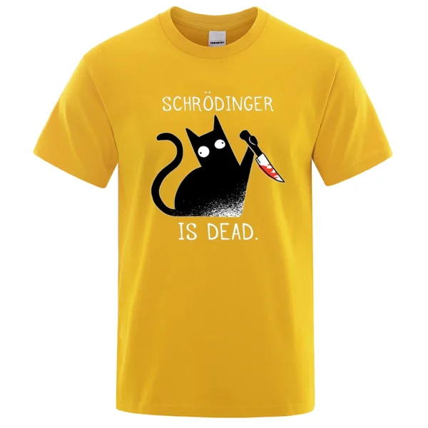 Men's black cotton t-shirt with funny 'Schrodinger Is Dead' black cat physics science graphic.