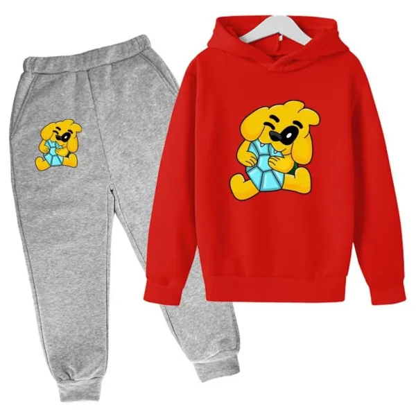 Kids tracksuit set with cute dog print on grey pullover hoodie and matching pants for boys and girls (ages 2-13).