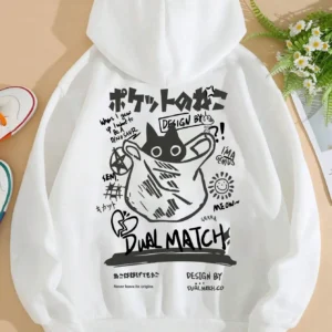 Soft grey women's hoodie with a cute cartoon cat print