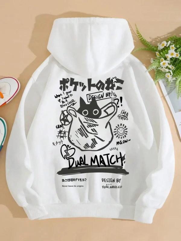 Soft grey women's hoodie with a cute cartoon cat print