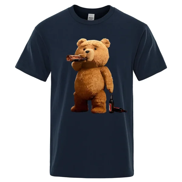 Men's grey casual t-shirt with a funny graphic print showing a cartoon teddy bear drinking a pint of beer.
