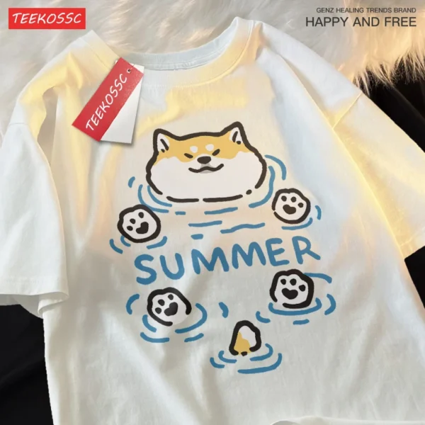 Cute Cat & Dog Chai Print T-Shirt for summer.