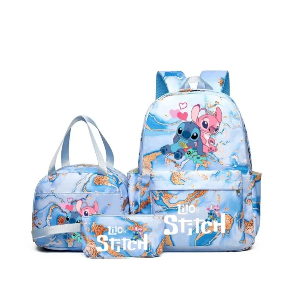 Stitch print 3-piece backpack set with matching tote bag and pencil pouch displayed together against a neutral background.