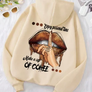 Women's soft fleece hoodie with "Make A Cup Of Coffee Dirty Little Secret" print.