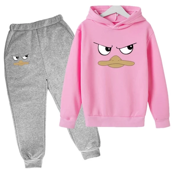 Kids unisex duck face print hoodie and pants tracksuit set for spring autumn wear ages 2-13.