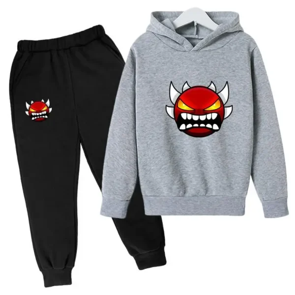 Kids cartoon geometric print pullover hoodie and matching pants tracksuit set for boys and girls.