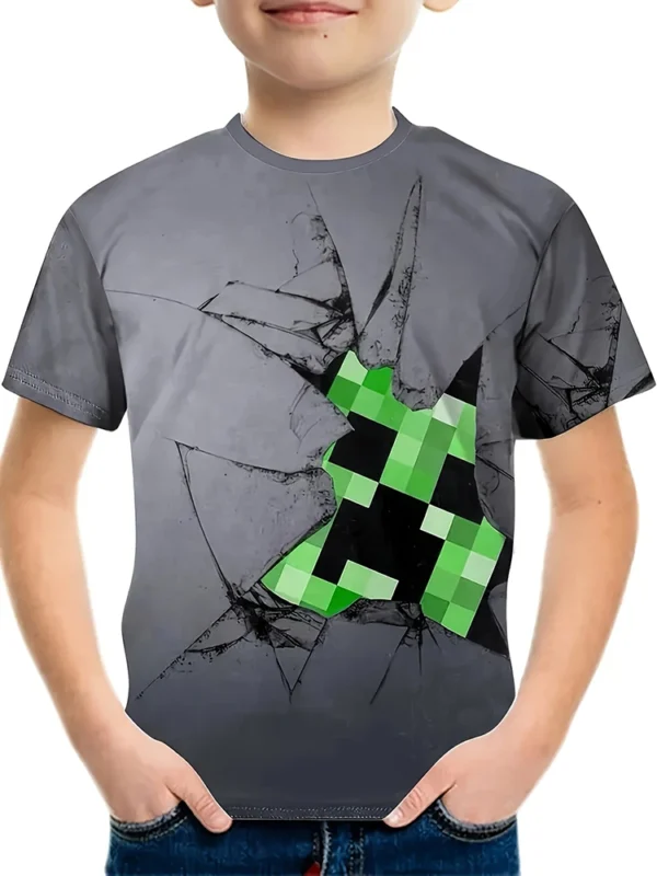 Boy wearing a comfortable short-sleeve Minecraft t-shirt designed for summer.