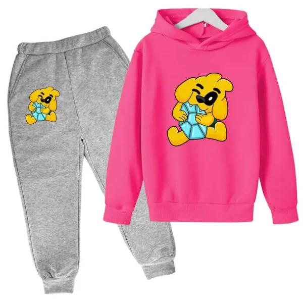 Kids tracksuit set with cute dog print on grey pullover hoodie and matching pants for boys and girls (ages 2-13).