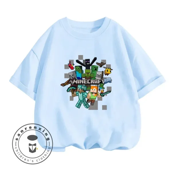Kids' long sleeve O-neck T-shirt with Minecraft character graphic print. Unisex children's gaming top.