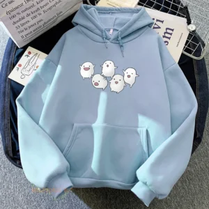Women's winter hoodie with hood featuring kawaii Warawara character print from The Boy and the Heron anime movie.