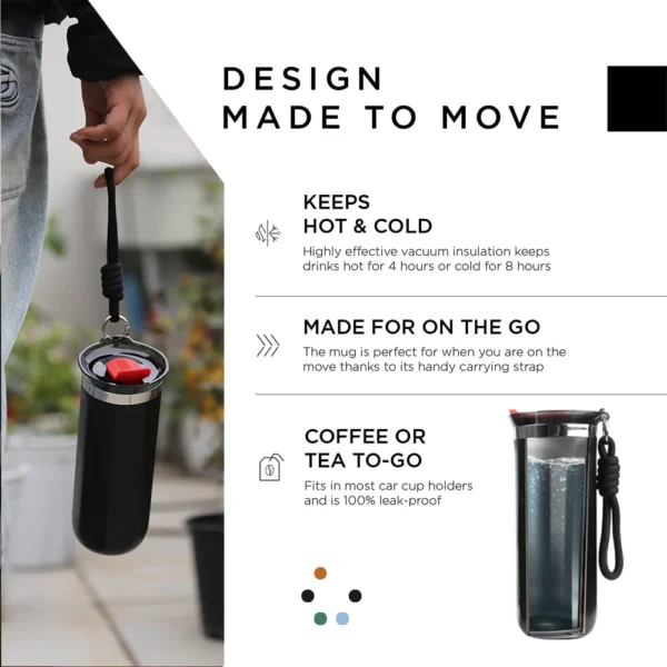 Stainless steel insulated travel mug with leakproof lid for coffee or water.