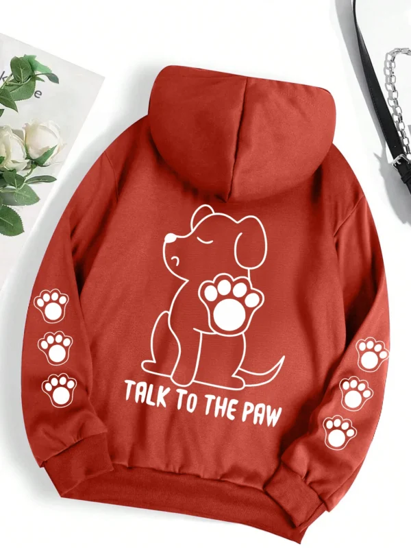 Grey pullover hoodie with warm fleece lining featuring a funny cartoon dog print that says "Talk To The Paw".