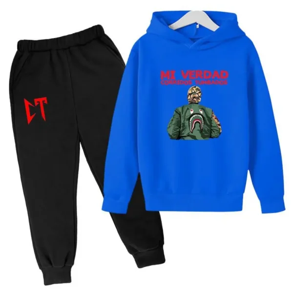 Kids unisex Corridos Tumbados print tracksuit set with pullover hoodie and pants - front view.