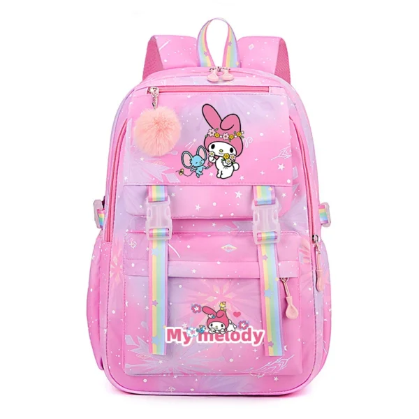 Front view of the MINISO Kuromi & Cinnamoroll backpack showing the cute character print on a large nylon bag.