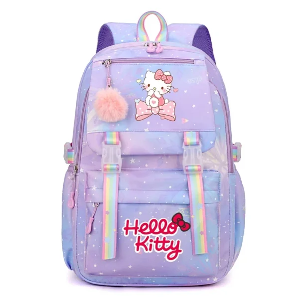 Front view of the MINISO Kuromi & Cinnamoroll backpack showing the cute character print on a large nylon bag.