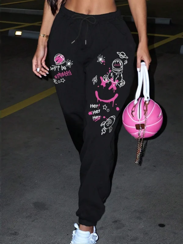 Women's casual graffiti print drawstring sweatpants with pockets