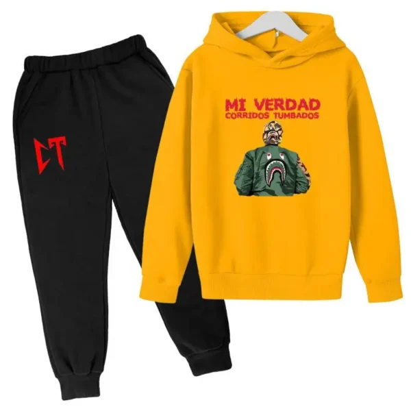 Kids unisex Corridos Tumbados print tracksuit set with pullover hoodie and pants - front view.