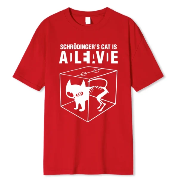 Men's black 100% cotton t-shirt with a white graphic print illustrating the Schrodinger's Cat thought experiment.