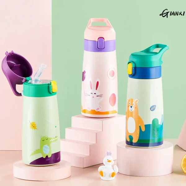 Stainless steel kids thermos water bottle with integrated straw and colourful cartoon design
