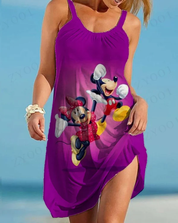 Woman wearing Disney Mickey & Minnie print ruffled summer camisole dress with A-line skirt.