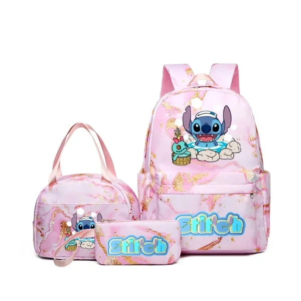 Stitch print 3-piece backpack set with matching tote bag and pencil pouch displayed together against a neutral background.