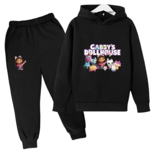 Gabby's Dollhouse kids tracksuit with colourful cartoon print hoodie and matching jogger pants for boys and girls ages 3-13.