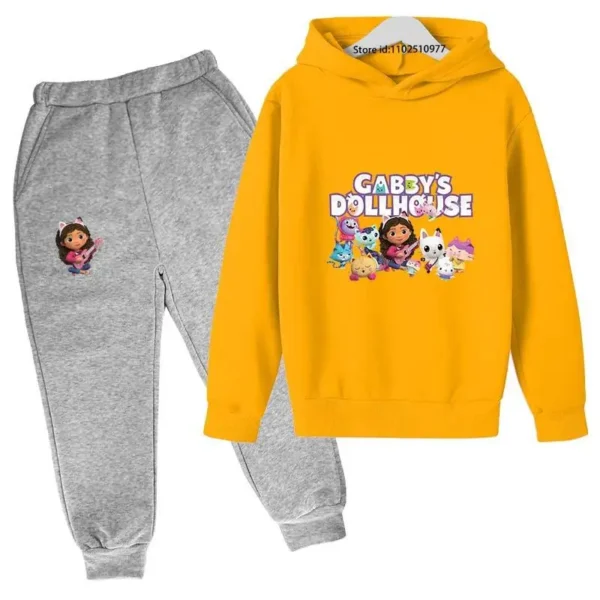Gabby's Dollhouse kids tracksuit with colourful cartoon print hoodie and matching jogger pants for boys and girls ages 3-13.