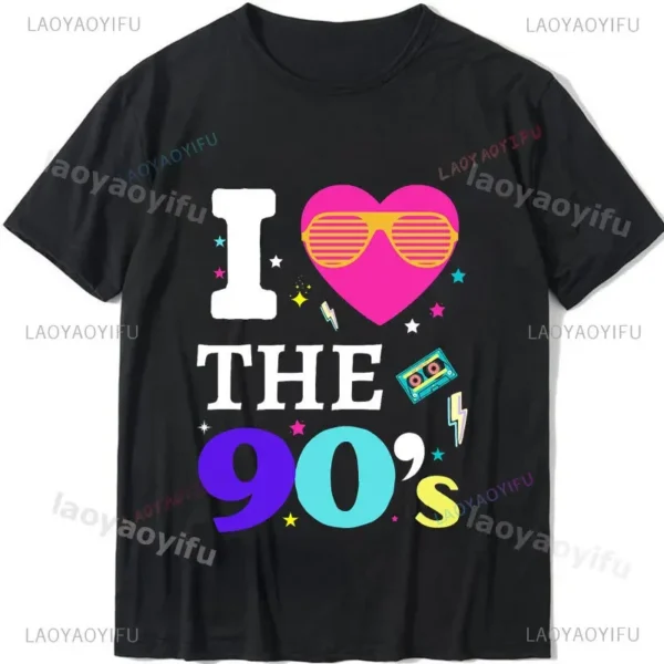 Woman wearing a white 'I Love The 90s / Take Me Back To The 90s' retro graphic tee against a plain background.